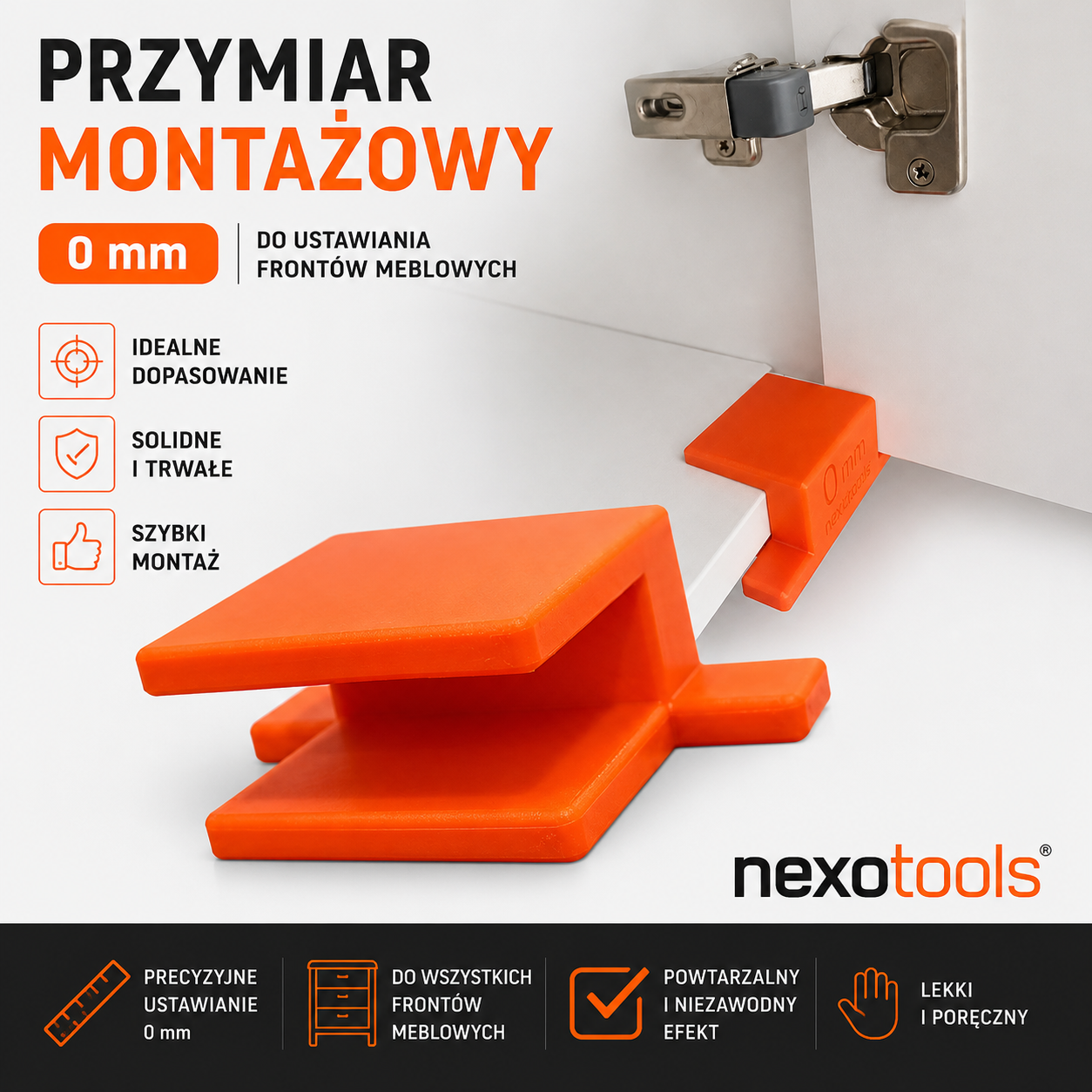 Przymiar montażowy 0 mm Nexotools do ustawiania frontów meblowych – precyzyjny przyrząd stolarski do szybkiego montażu