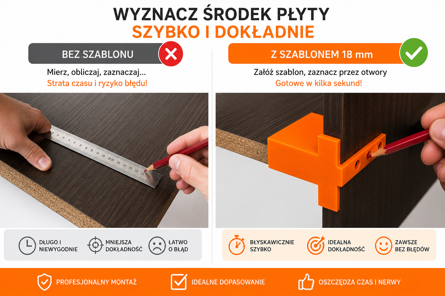 Porównanie wyznaczania środka płyty bez szablonu oraz z użyciem szablonu 18 mm – szybciej i dokładniej.